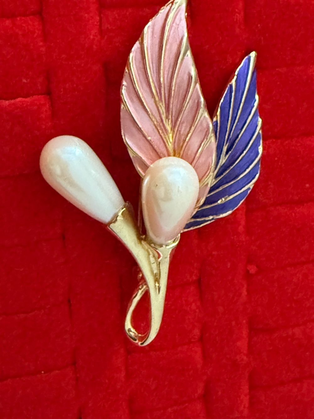 Vintage Gold-Tone Floral Brooch with Pink and Blue Enamel Leaves and Pearl Drops